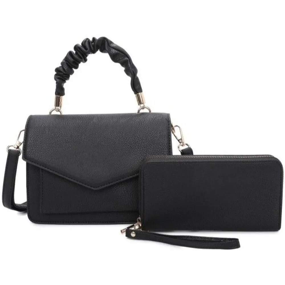 Women Black Elegant Two Piece Messenger Top Handle with Full Size Zipper Wallet